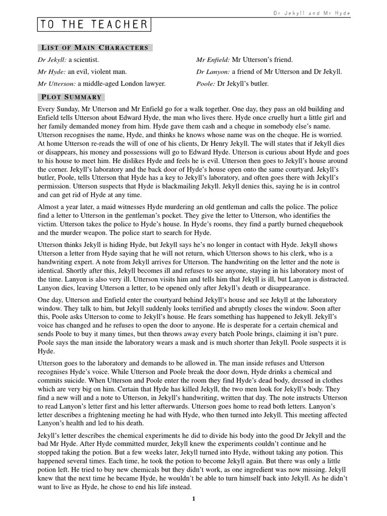 To The Teacher DR Jekyll MR Enfield MR Hyde DR Lanyon MR Utterson