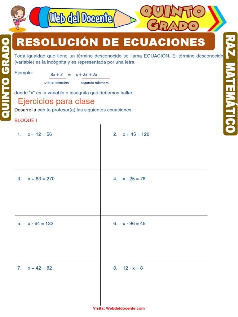 Resolución de Ecuaciones para Quinto Grado de Primaria PDF