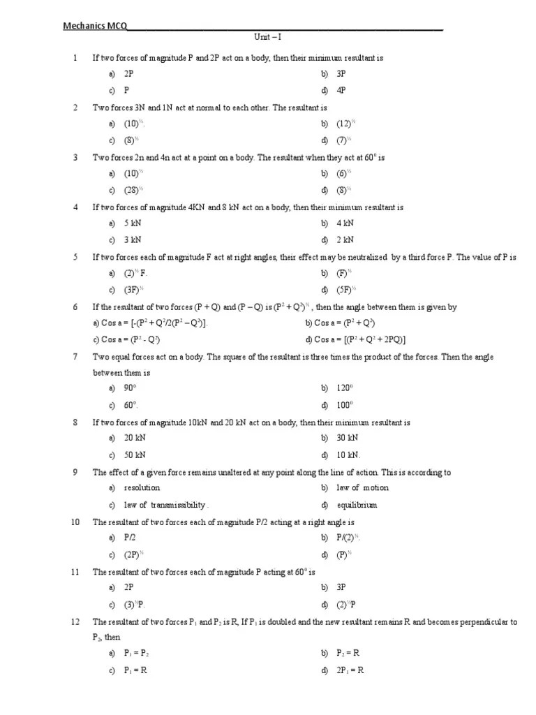 Mechanics Multiple Choice Questions Covering Forces, Resultants, and