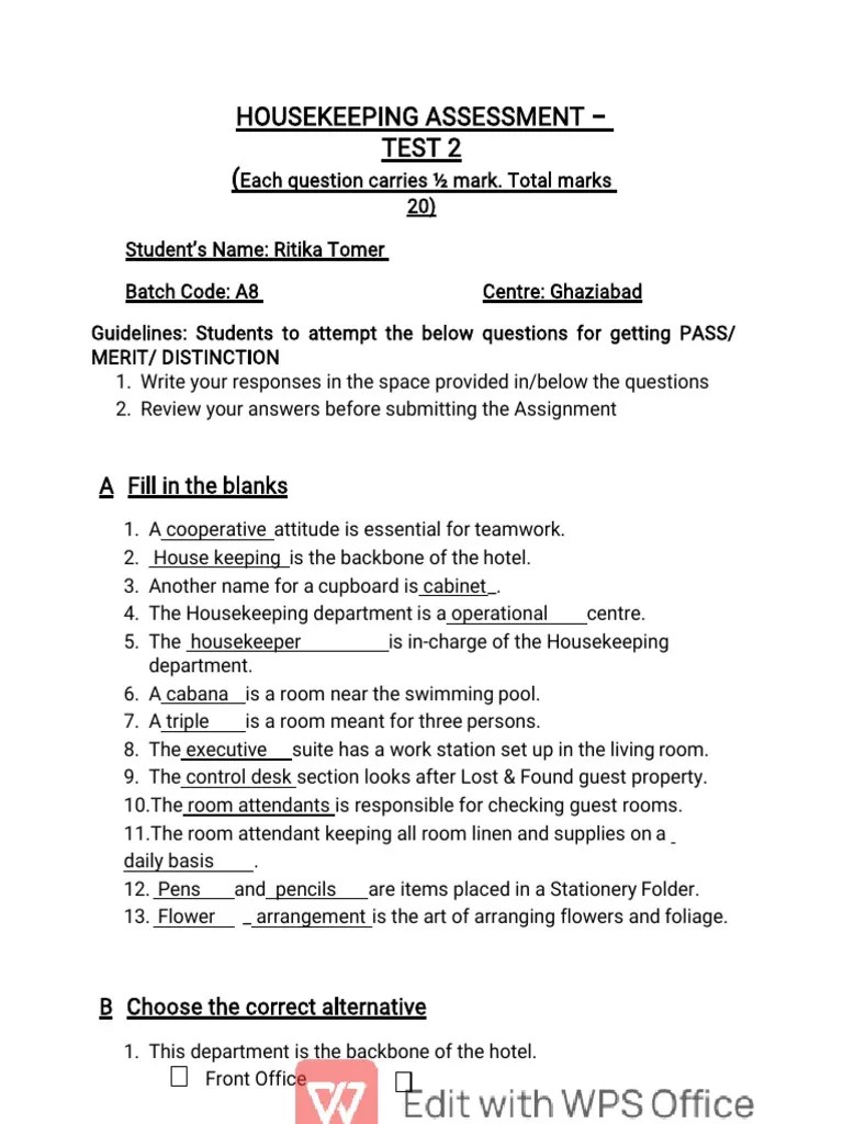 Housekeeping Assessment Test 2 ( A Fill in The Blanks PDF
