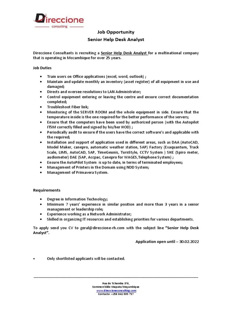 Job Opportunity Senior Help Desk Analyst PDF Help Desk