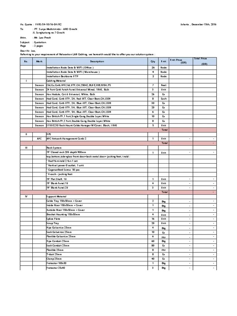 Templete Quotation Cabling PDF Computer Network Computer Networking