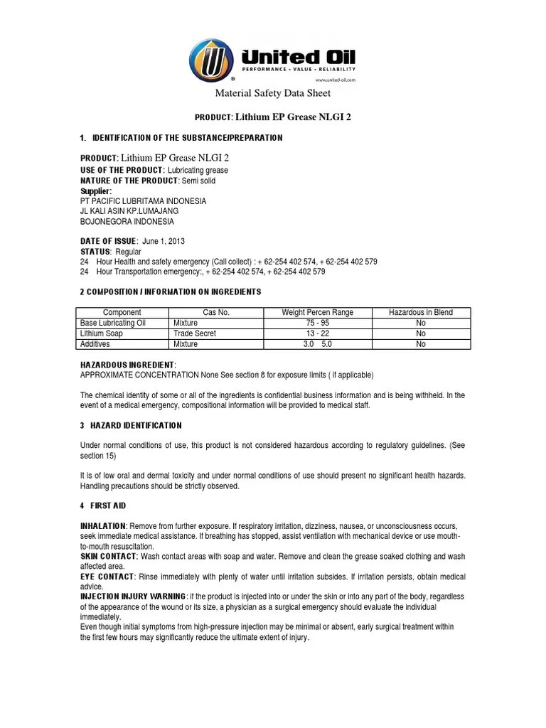 MSDS Lithium EP Grease NLGI 2 PDF Toxicity Waste Management
