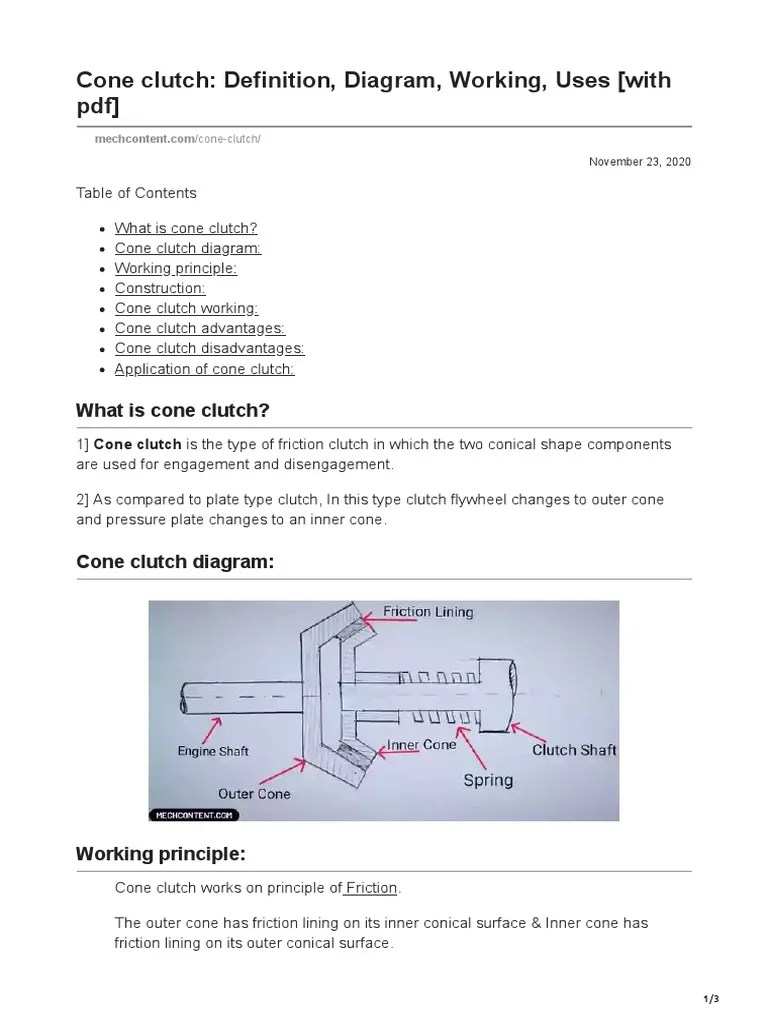 Cone Clutch Definition, Diagram, Working, Uses (With PDF) PDF