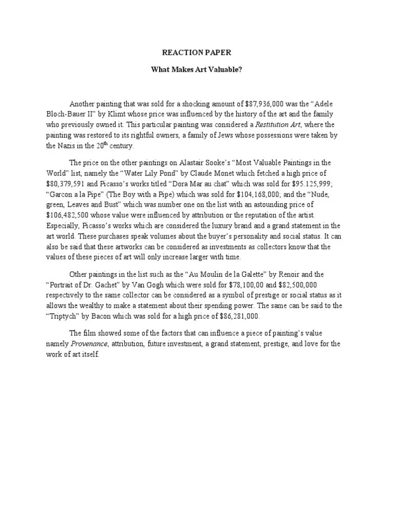 Reaction Paper What Makes Art Valuable Part 3 PDF