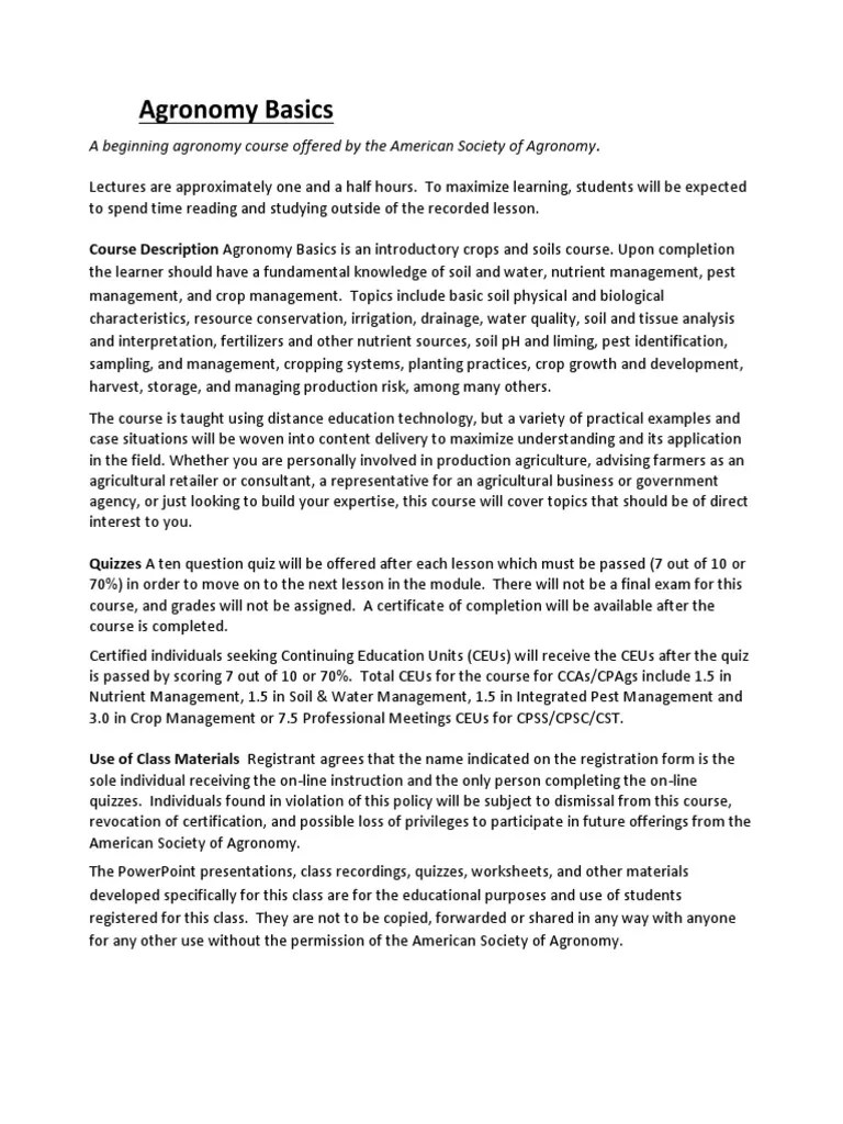 Agronomy Basics Self Paced Syllabus PDF Soil Agronomy