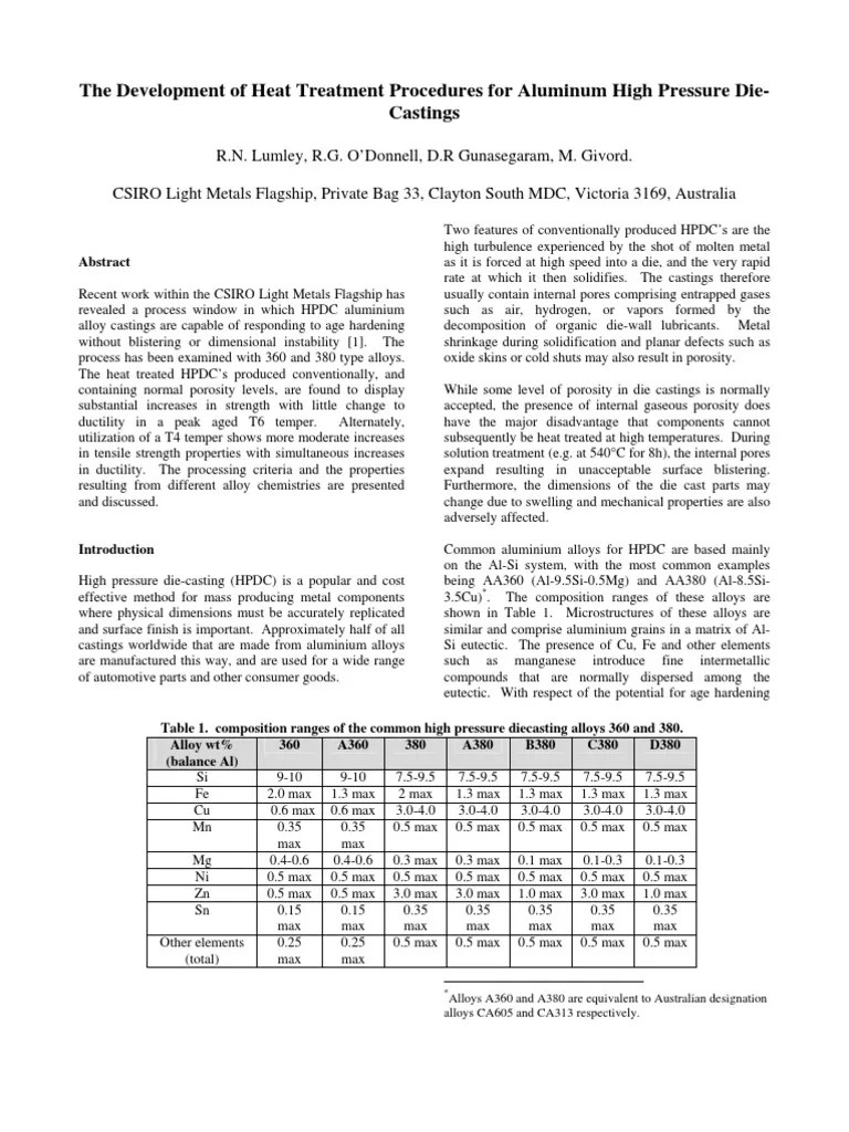 Die Casting Heat Treatment Process To Increase Strength Part 2 PDF