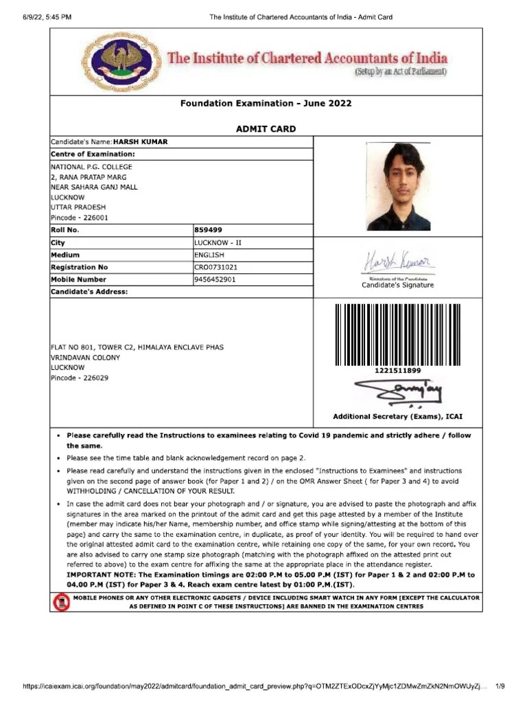 Ca Foundation Admit Card PDF