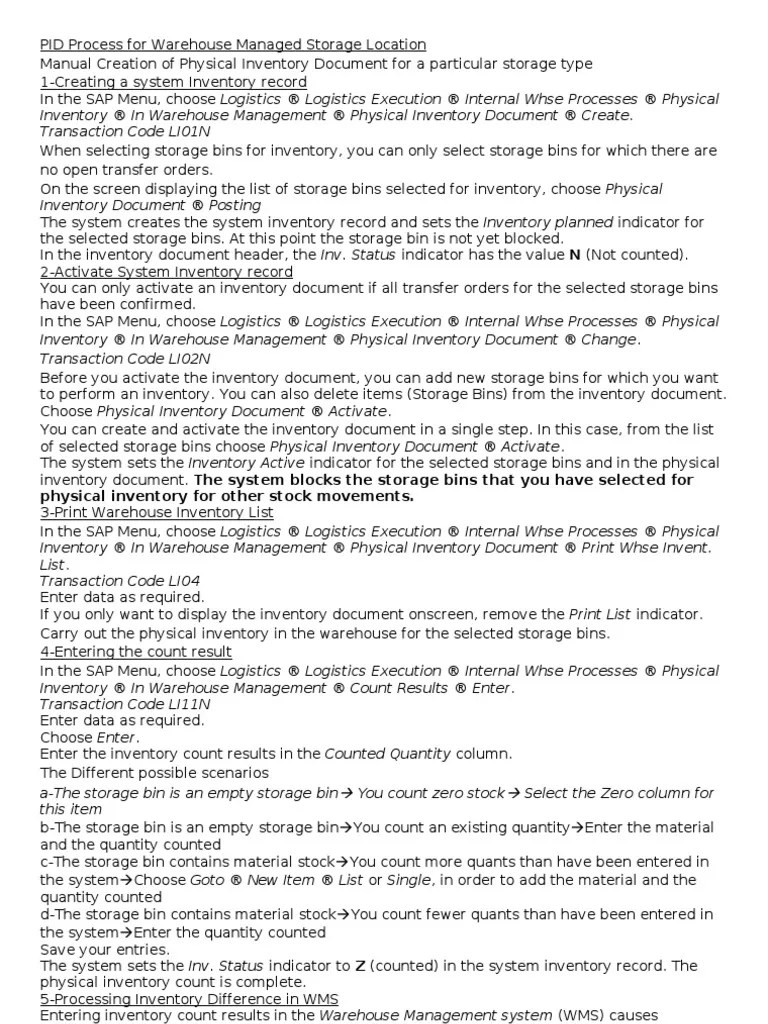 PID Process For Warehouse Managed Storage Location PDF Warehouse