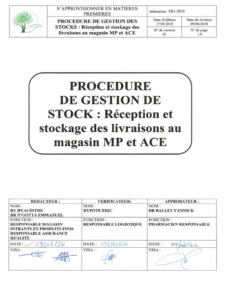 PR1PO3 PROCEDURE DE GESTION DES STOCKS Réception Et Stockage Des