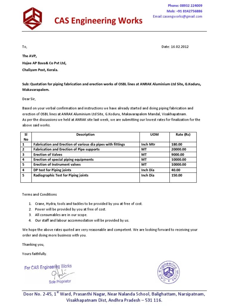 Quotation for piping fabrication and erection works at ANRAK Aluminium