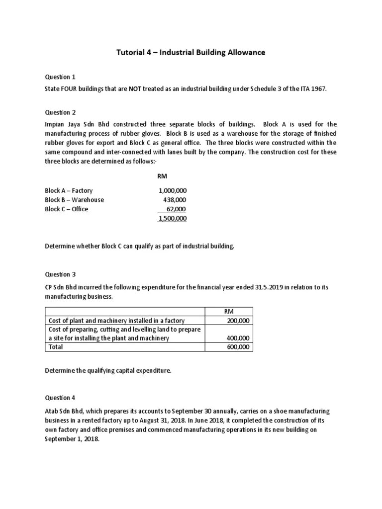Tutorial 4 Industrial Building Allowance PDF Fee Economies