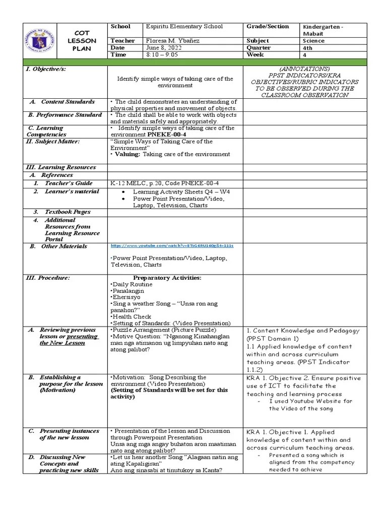 COT Lesson Plan PDF Learning Teachers