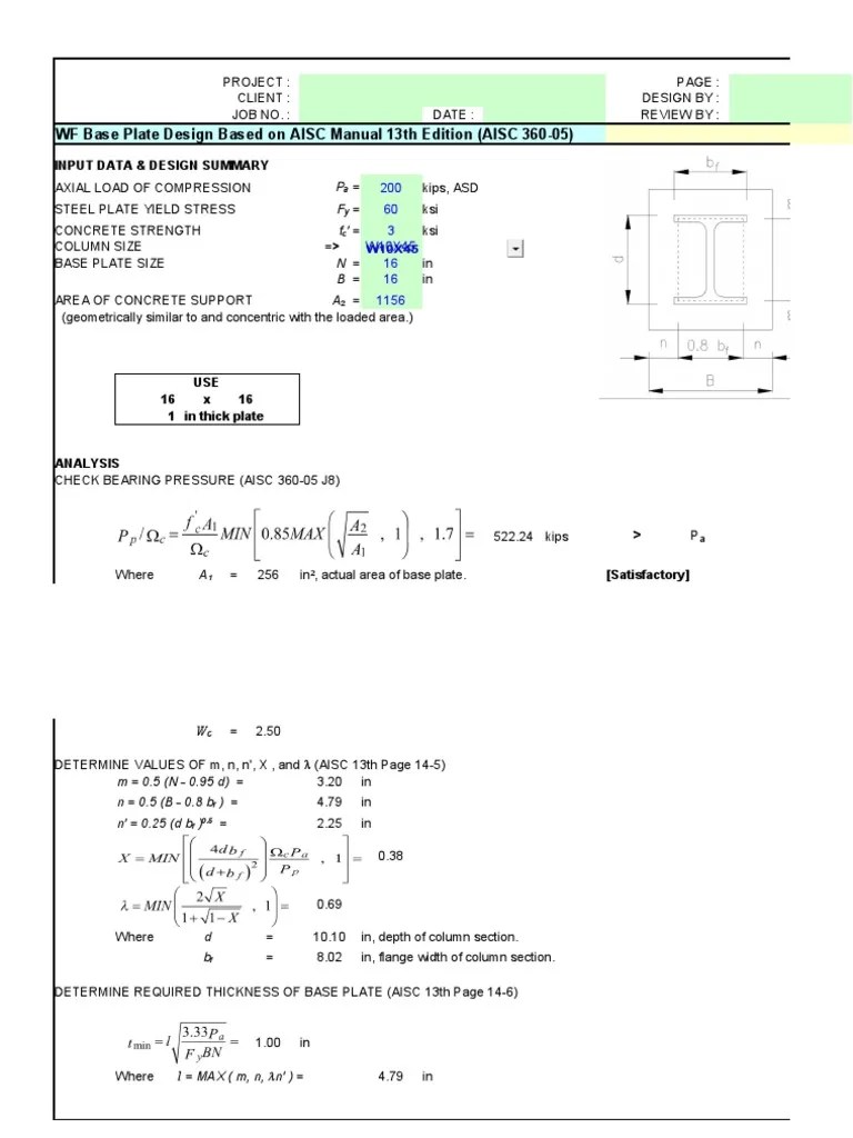 WF Base Plate Design Based On AISC Manual 13th Edition (AISC 36005) PDF Column Solid