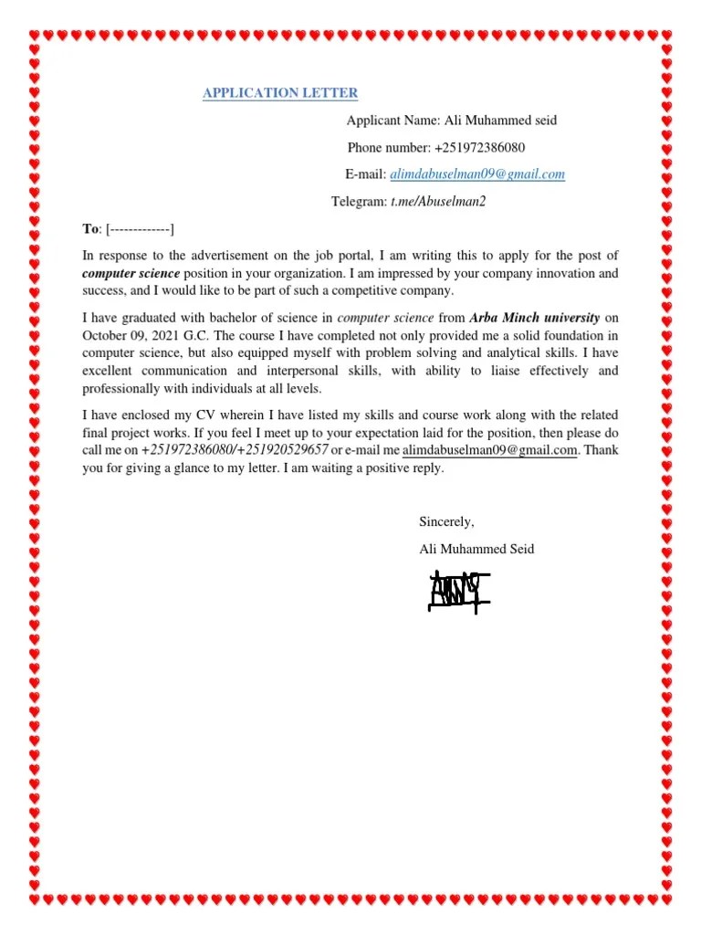 Application Letter Computer Science Position in Your Organization. I