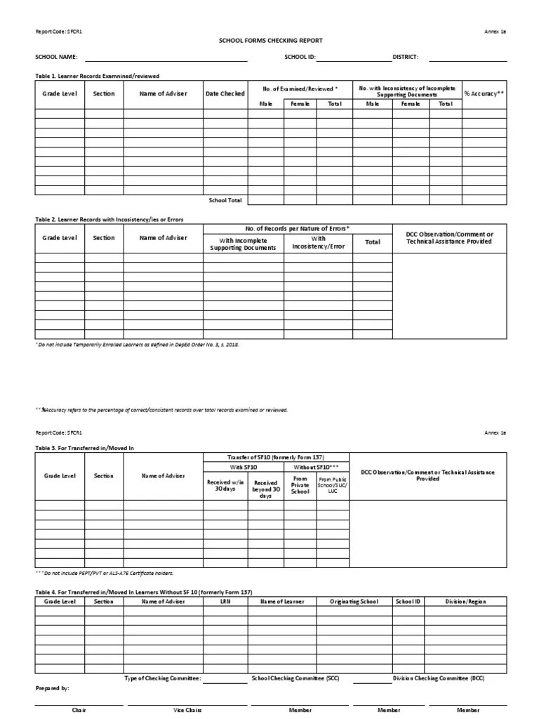 School Forms Checking Report TEMPLATE PDF