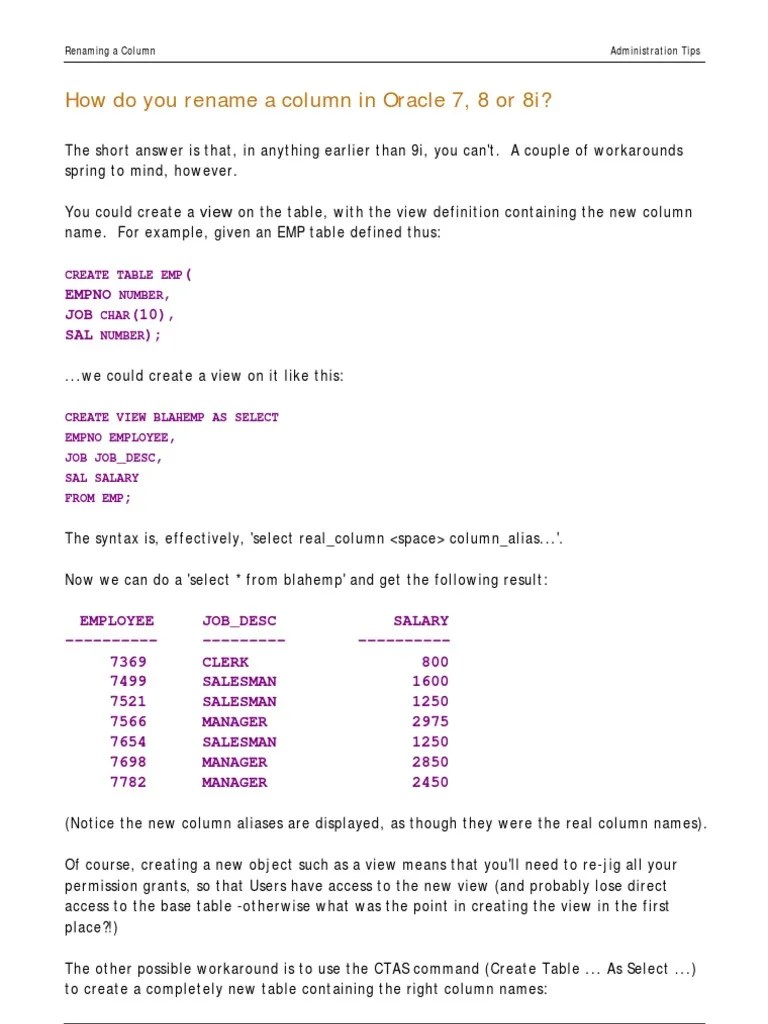 Oracle Column Rename Table (Database) Data Management Software