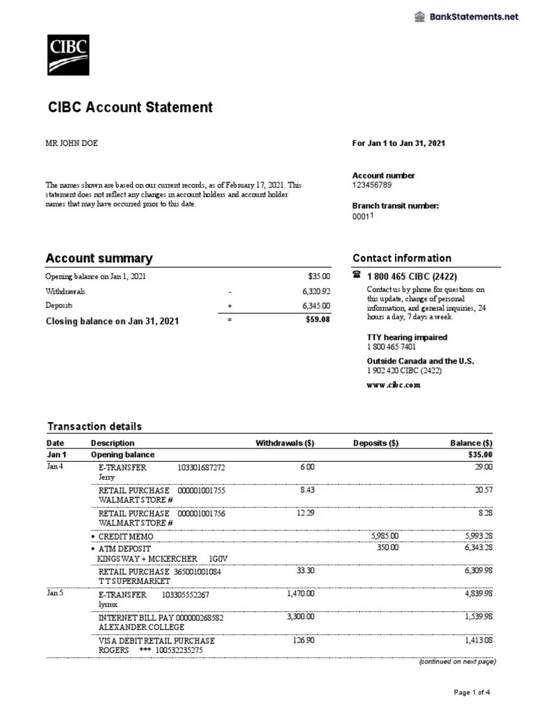 CIBC Bank Statement PDF Debit Card Visa Inc.