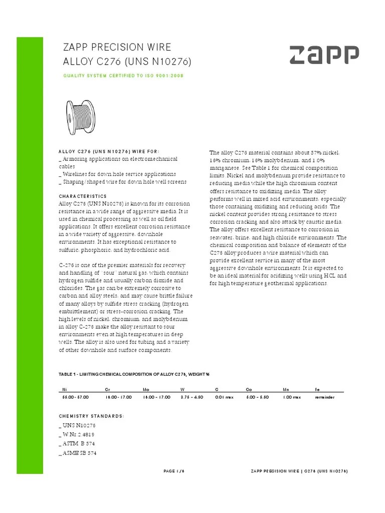 Zapp Precision Wire ALLOY C276 (UNS N10276) Quality System Certified