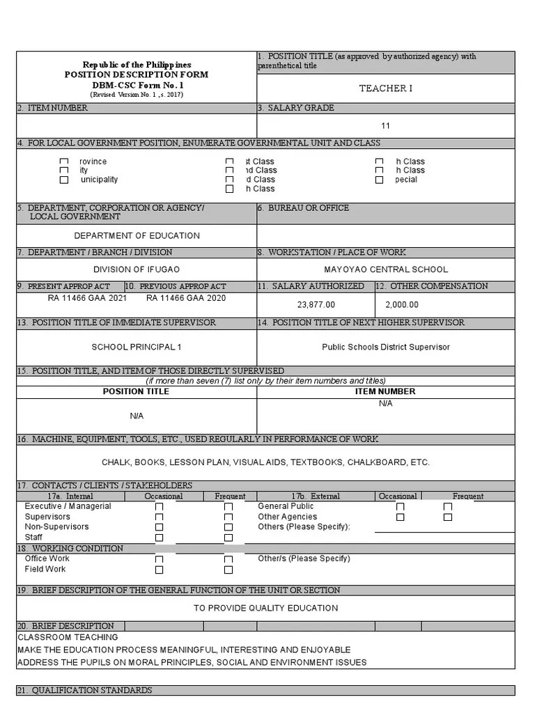 Republic of The Philippines Position Description Form DBMCSC Form No