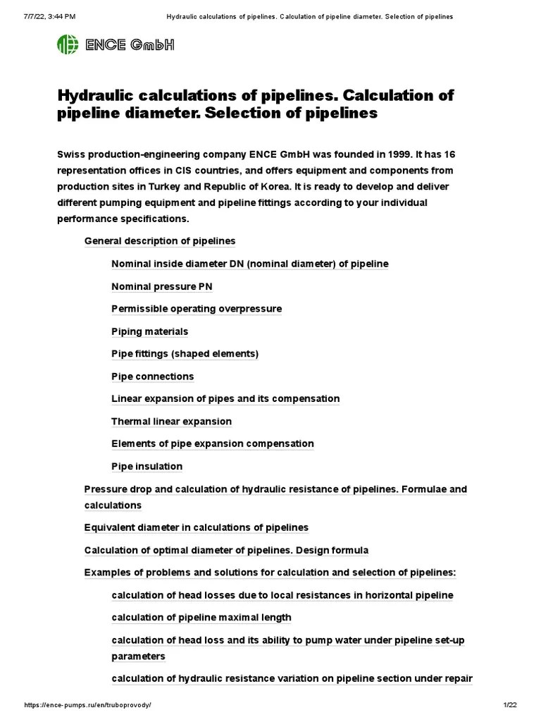 Hydraulic Calculations of Pipelines. Calculation of Pipeline Diameter