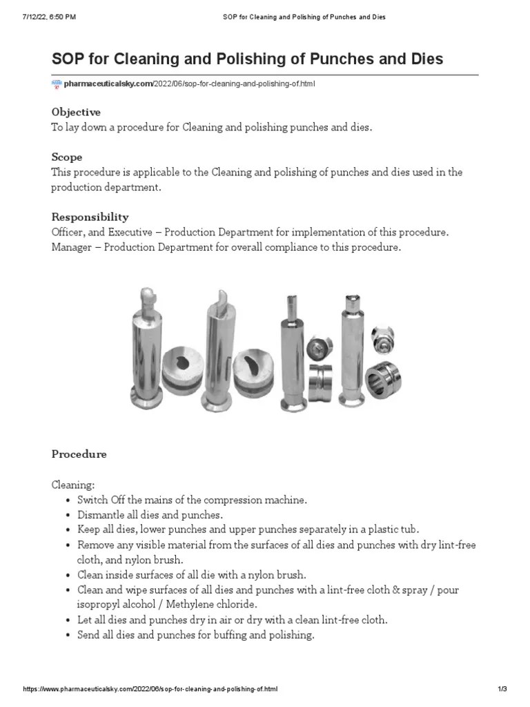 SOP For Cleaning and Polishing of Punches and Dies PDF Materials