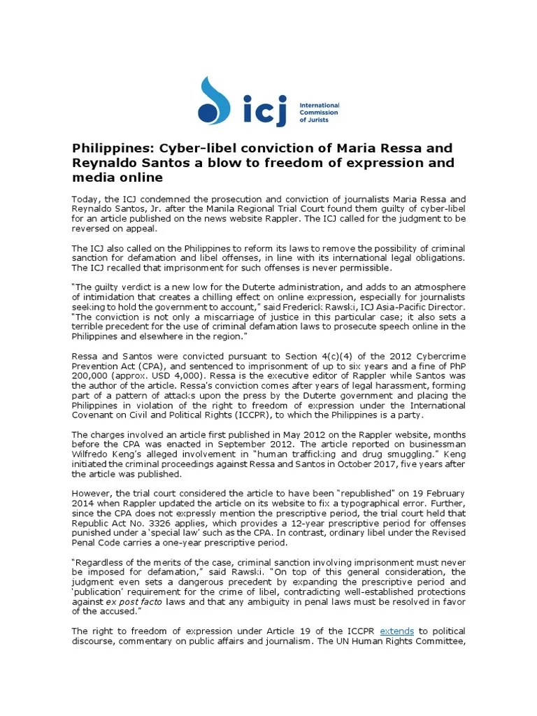 Philippines CyberLibel Conviction of Maria Ressa and Reynaldo Santos