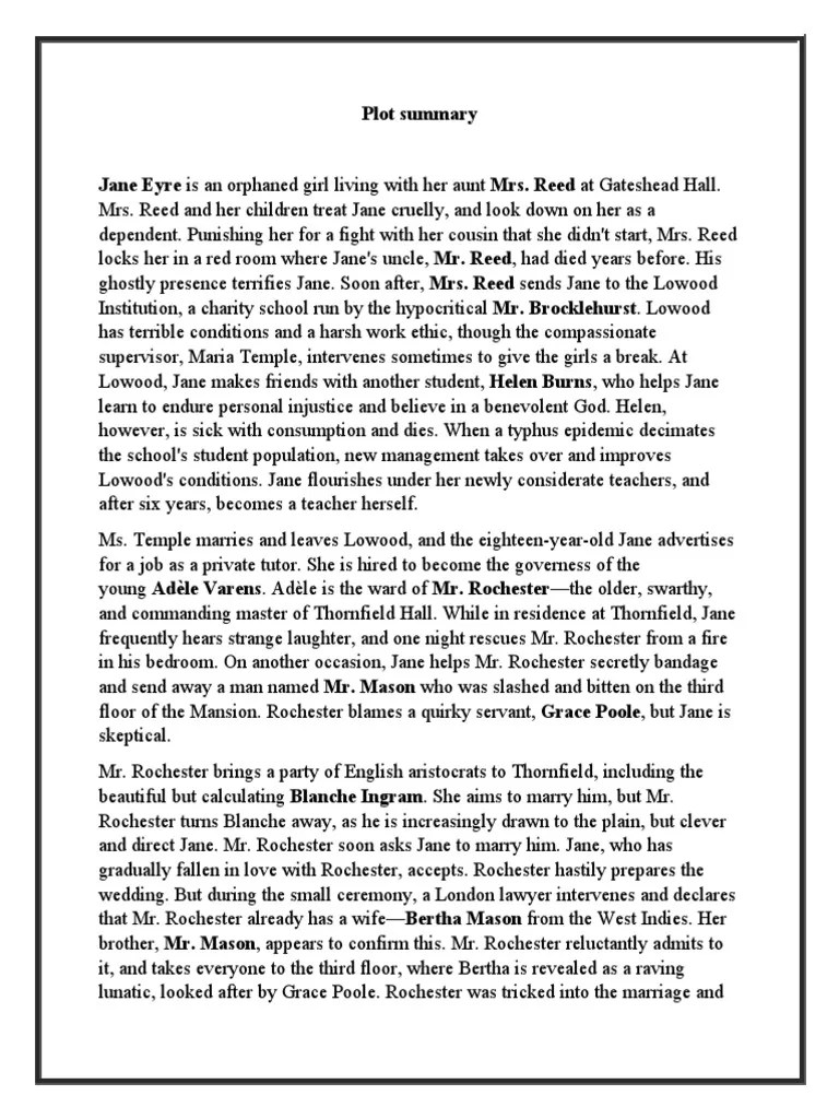 Plot Summary Jane Eyre Is An Orphaned Girl Living With Her Aunt Mrs