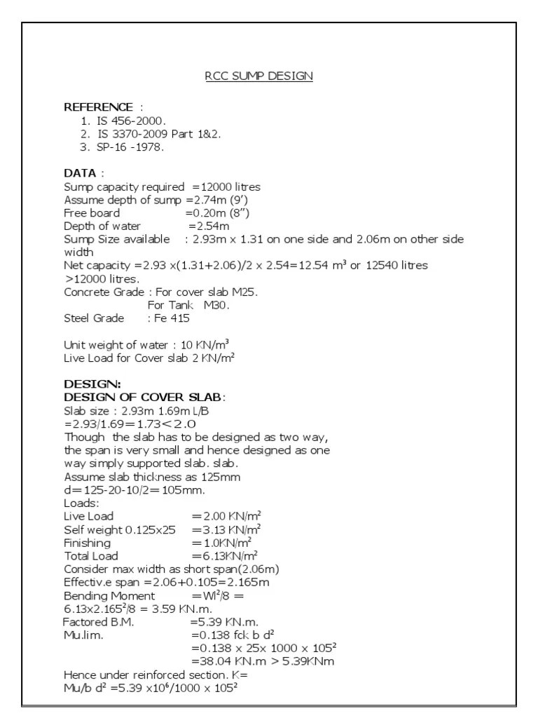 RccSump Size Calculation PDF Materials Structural Engineering