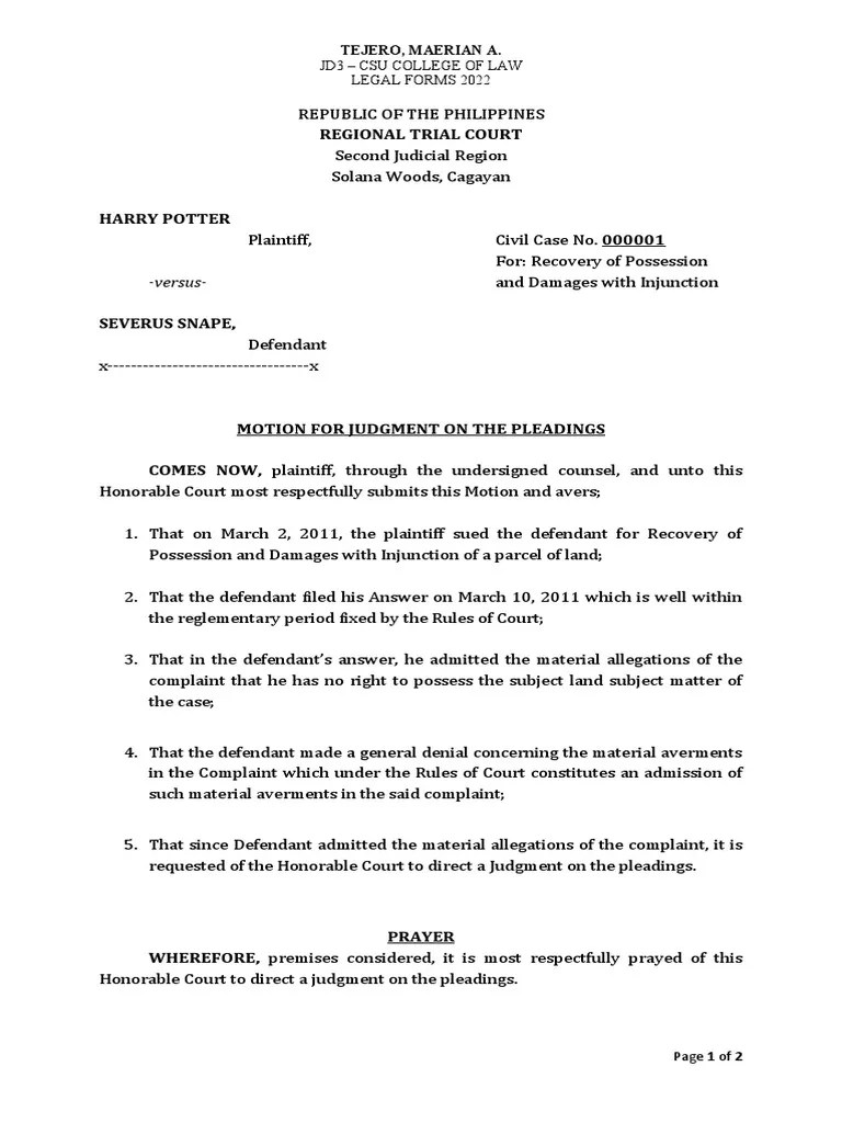 6 Motion for Judgement on the Pleadings PDF Pleading Lawsuit