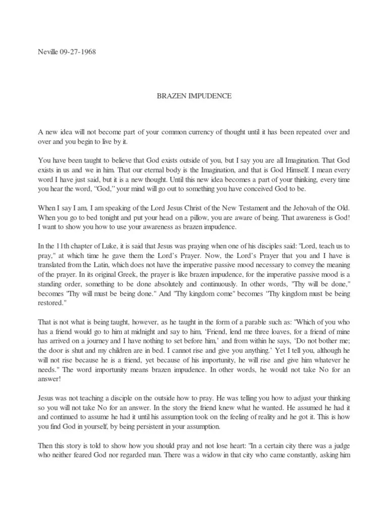 Brazen Impudence Neville Goddard Prayer Lord's Prayer