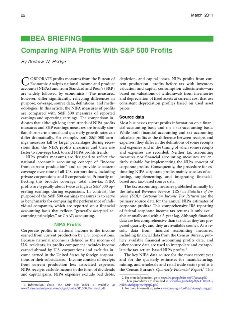 Comparing NIPA Profits With S&P 500 Profits Bea Briefing by Andrew W
