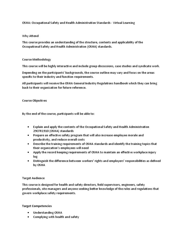 Osha Occupational Safety Health Administration Standards Online PDF Occupational Safety And