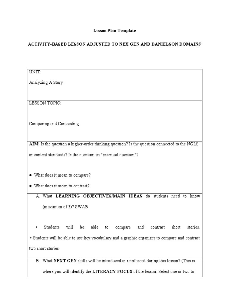 Lesson Plan Template ActivityBased Lesson Adjusted To Nex Gen and Danielson Domains Download