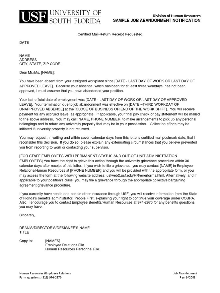 Sample Certified Job Abandonment Letter PDF Employment Human