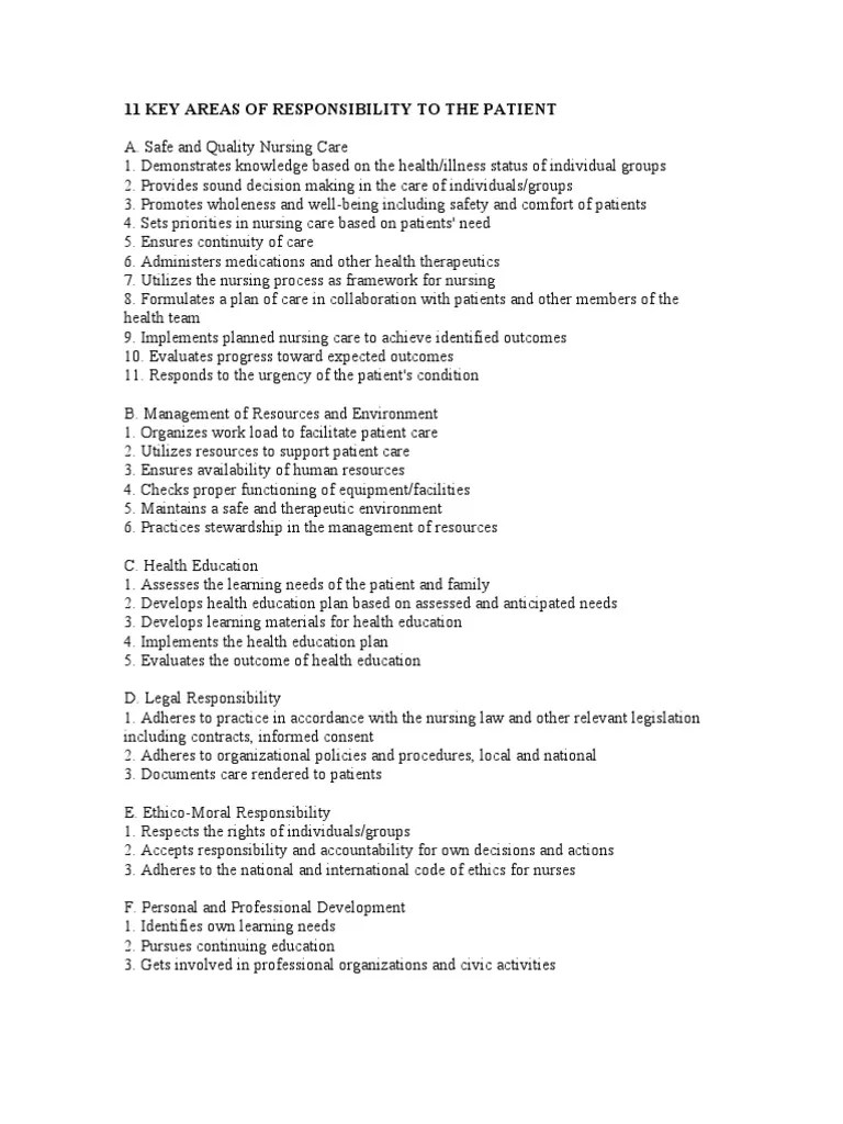 11 Key Areas of Responsibility To The Patient PDF Health Education