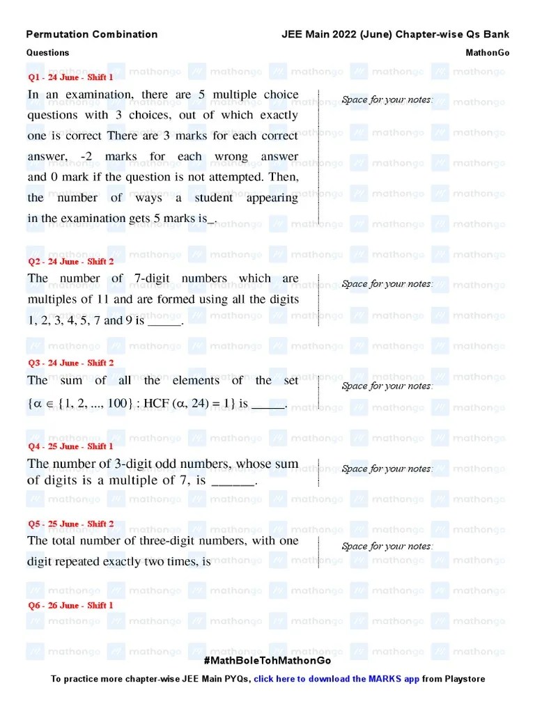 Permutation Combination JEE Main 2022 Chapter Wise Questions by