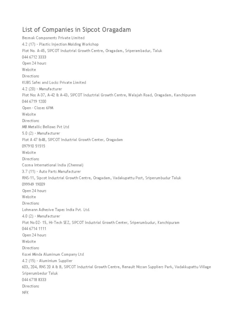 List of Companies in Sipcot Oragadam PDF