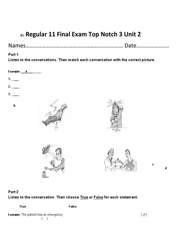 B1 Regular 11 Final Exam Top Notch 3 Unit 2 PDF Laughter Health Care