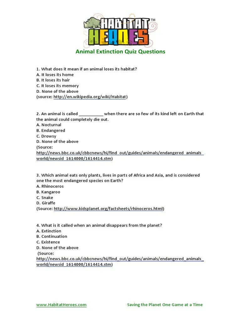 animal extinction quiz questions PDF Endangered Species Extinction
