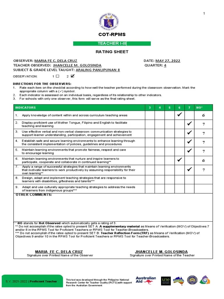 Cot Rpms Rating Sheet For Master Teacher