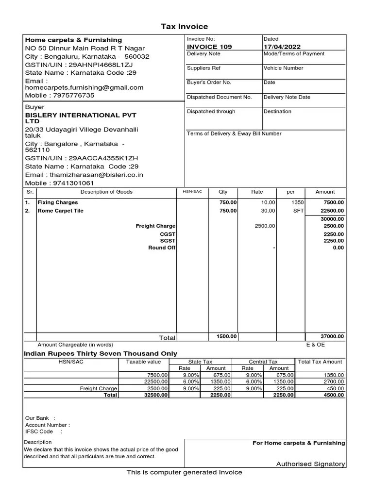 Tax Invoice Home Carpets & Furnishing Invoice 109 17/04/2022 PDF