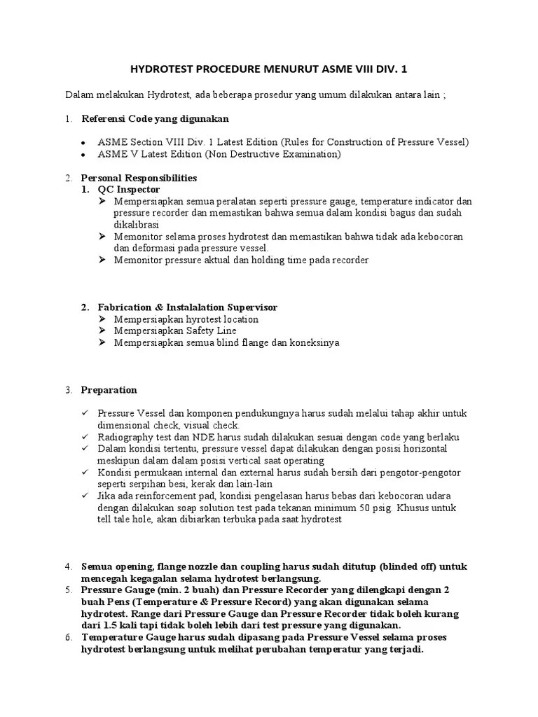 Hydrotest Procedure Menurut Asme Viii Div PDF