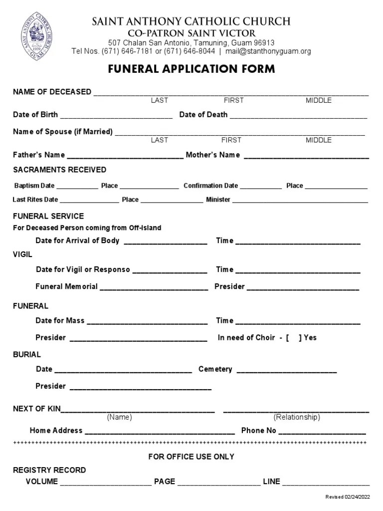 Funeral Application Form PDF