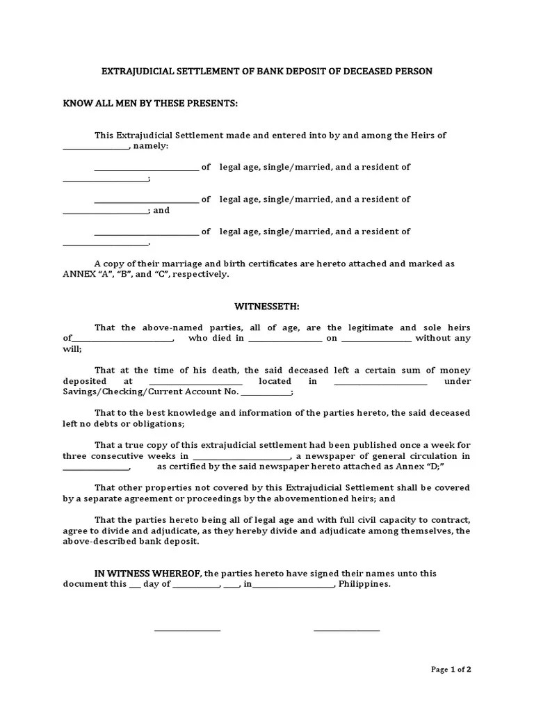 Extrajudicial Settlement of A Bank Deposit of A Deceased Person PDF