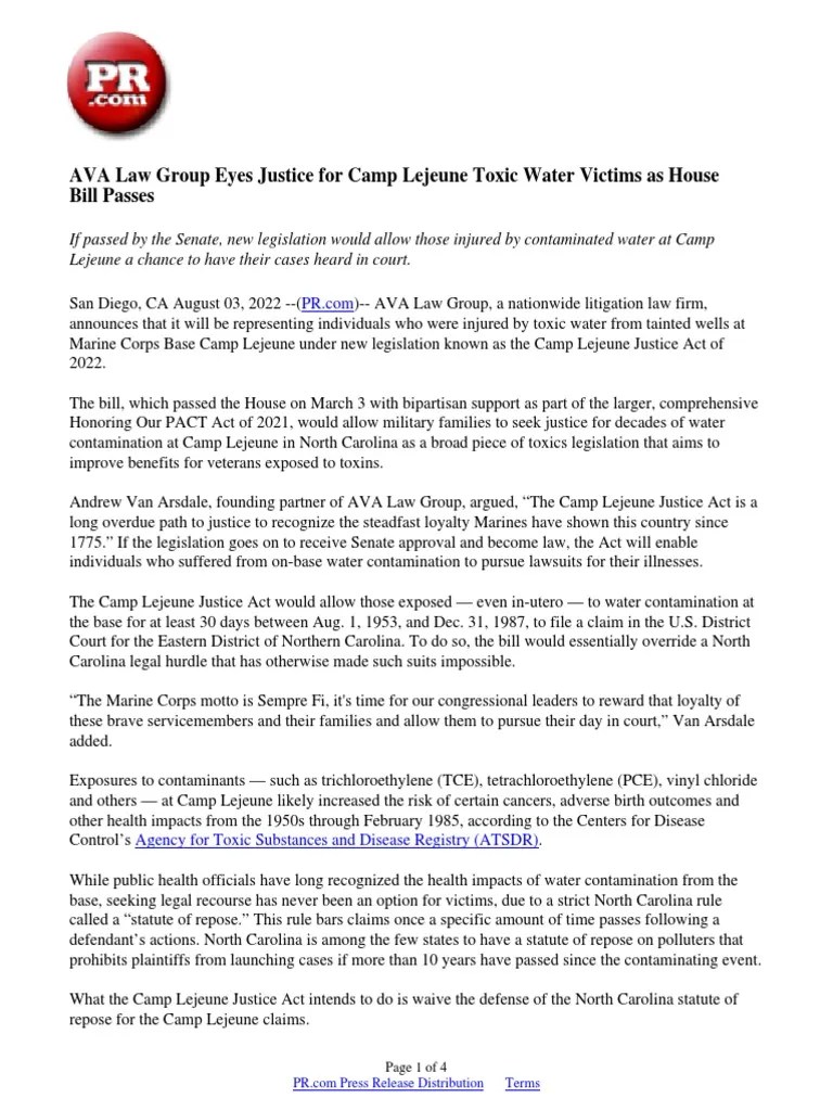 AVA Law Group Eyes Justice for Camp Lejeune Toxic Water Victims as