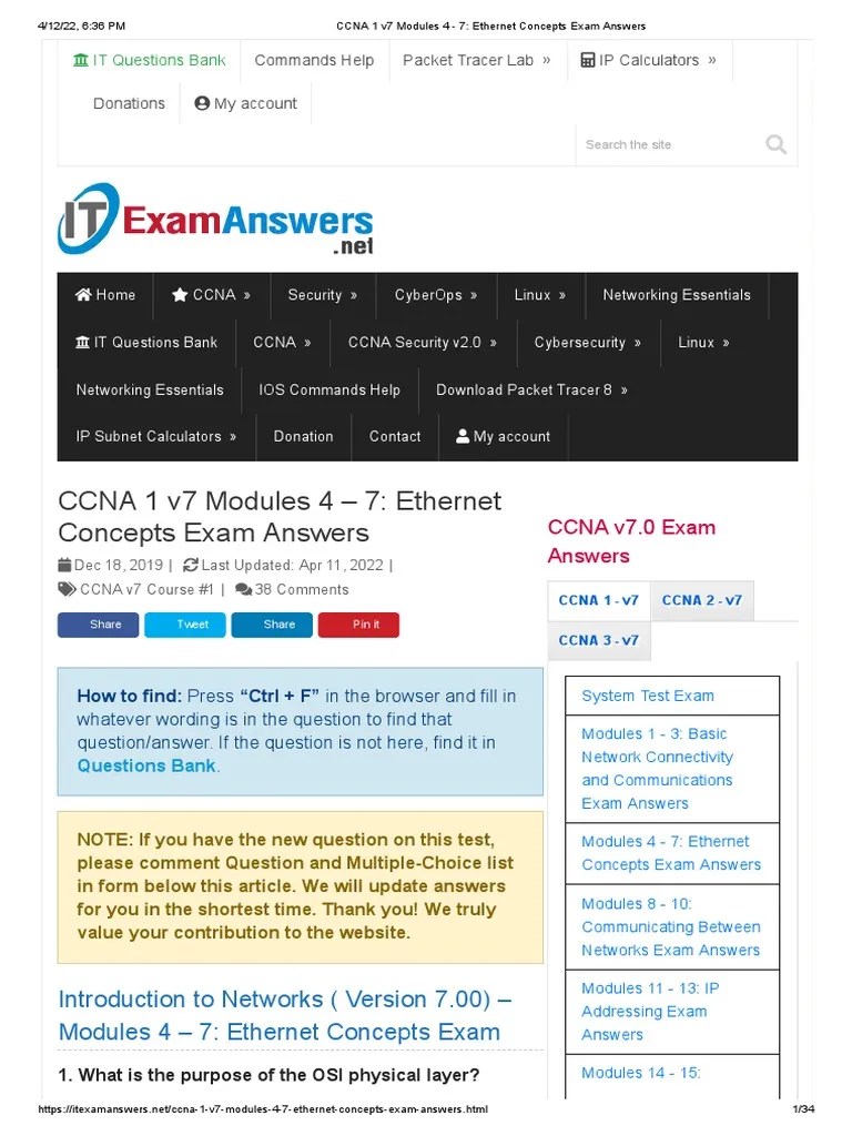 CCNA 1 v7 Modules 4 - 7 - Ethernet Concepts Exam Answers | PDF