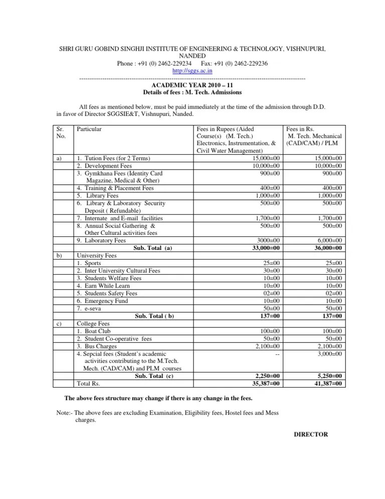 MTech Adm Fees Structure 2010 PDF