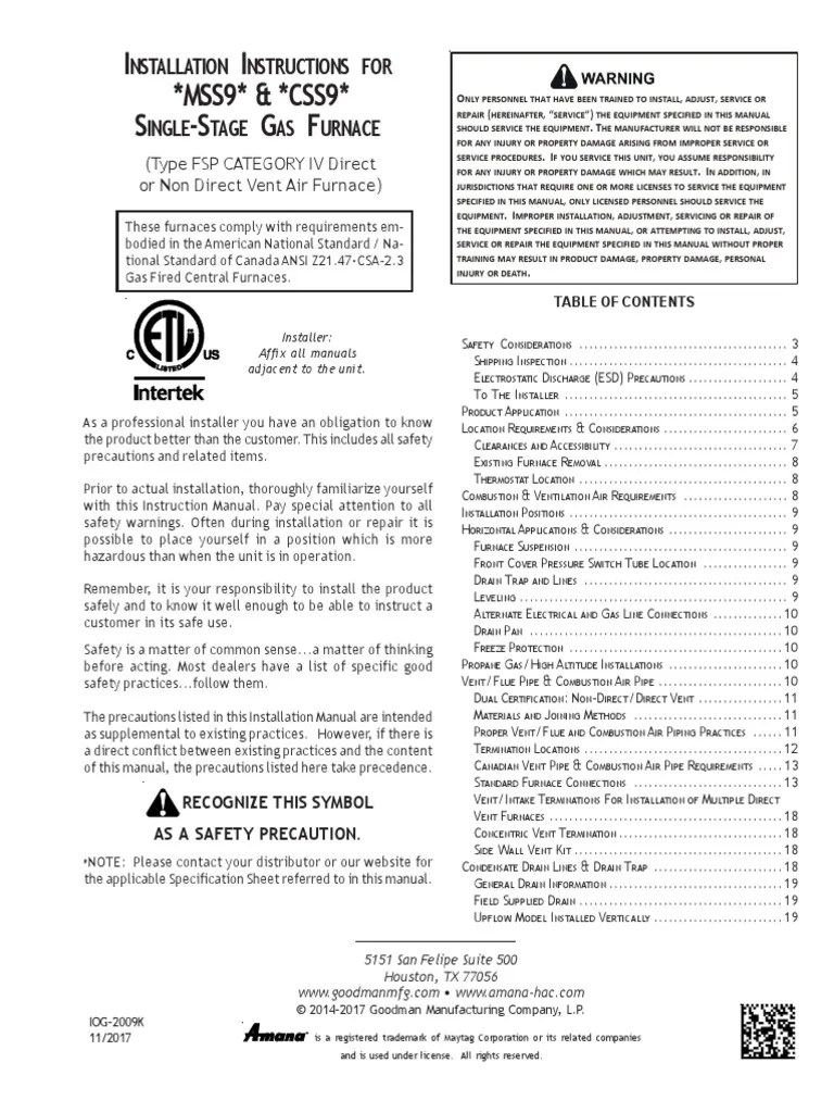 MSS9 & CSS9 Furnace Manual PDF Combustion Electrostatic Discharge