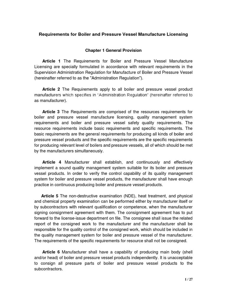 Requirements For Boiler and Pressure Vessel Manufacture Licensing PDF